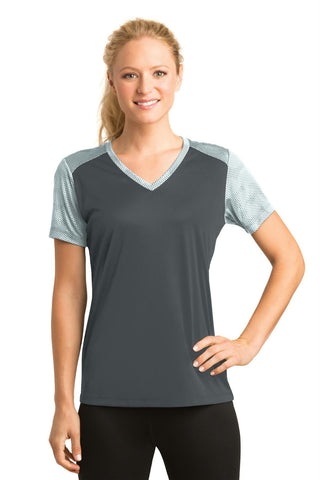 Sport-Tek Ladies CamoHex Colorblock V-Neck Tee. LST371